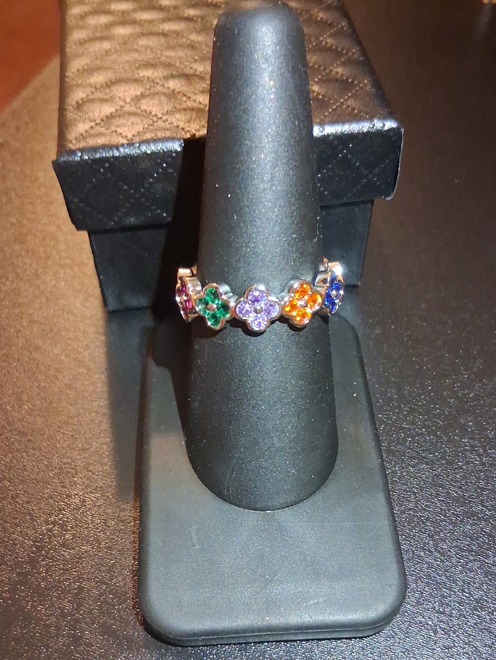 White Gold Plated Multi Colered CZ Clover Adjustable Ring New In Box